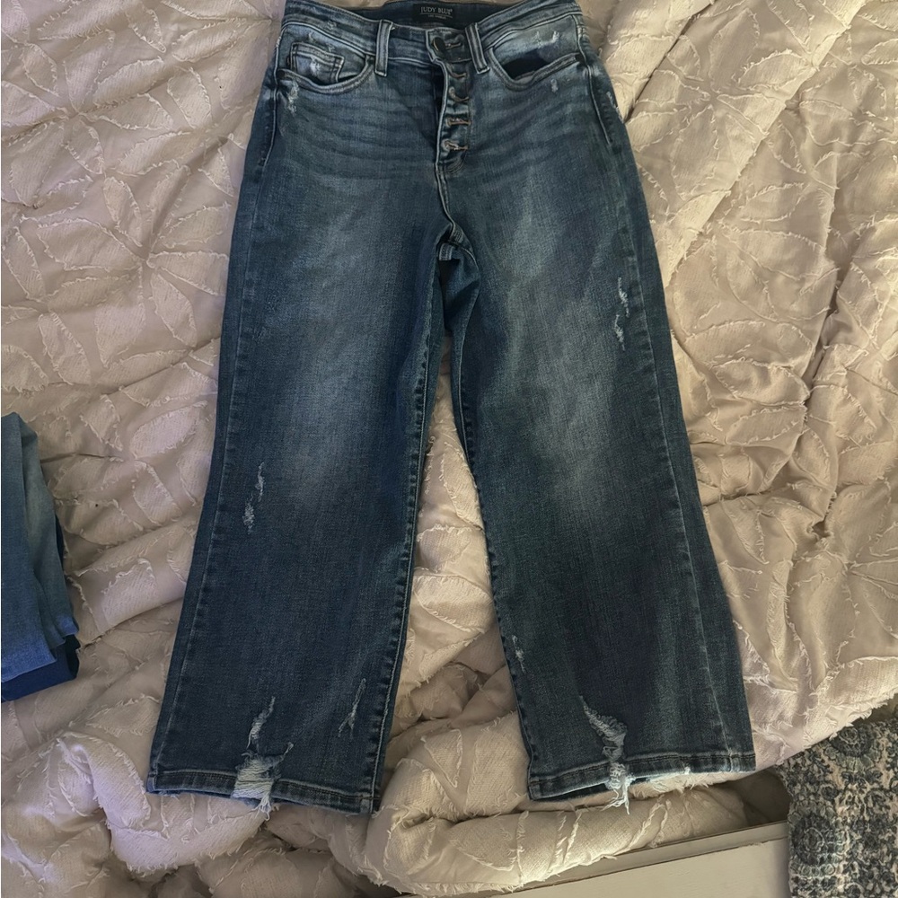 Judy Blue Size 5 slightly distressed, button fly jeans.